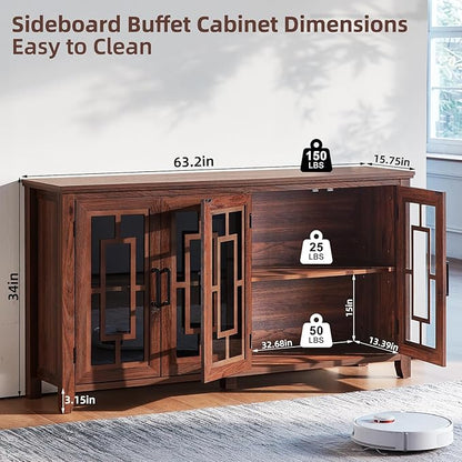 Large Sideboard Buffet Cabinet with Storage, 63" Farmhouse Brown Kitchen Coffee Wine Bar Cabinet with 4 Glass Doors, Wood Mid Century Modern Side Board Table for Dining Room, Living Room