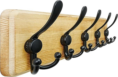 Dseap Coat Rack Wall Mount - Heavy-Duty Robust Rustic Wooden Wall Coat Hanger Hook Rail with 5 Triple Hooks for Winter Jacket & Hat Clothing, Light Brown & Black
