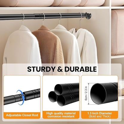 Adjustable Closet Rod - 17 to 84 Inch Heavy Duty Tension Rod for Hanging Clothes, Black Curtain Rod Ideal for Closets, Wardrobes, Bathrooms, and Laundry Rooms (17-57IN)