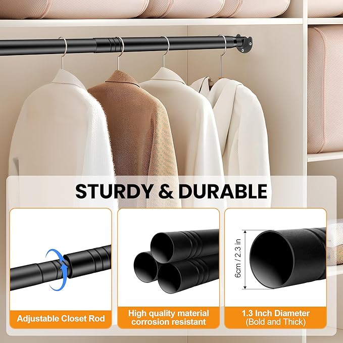 Adjustable Closet Rod - 17 to 84 Inch Heavy Duty Tension Rod for Hanging Clothes, Black Curtain Rod Ideal for Closets, Wardrobes, Bathrooms, and Laundry Rooms (17-84IN)