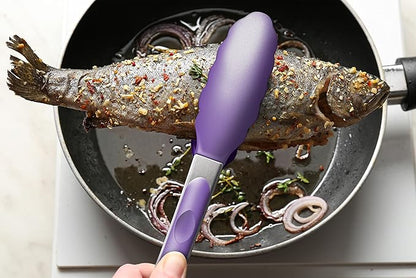 2 Pack Silicone Kitchen Tongs – 9" & 12" Set, Heat Resistant up to 500°F, Non‑Stick Cookware Safe, Wavy Silicone Tips, BPA Free, Locking Clip & Hanging Loop, Purple