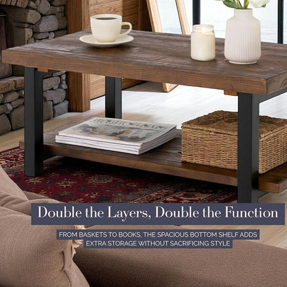 Pomona 42-Inch Rectangular Solid Wood Coffee Table with Storage Shelf & Metal Legs – Rustic Industrial Farmhouse Living Room Table by Alaterre Furniture (Rustic Natural)
