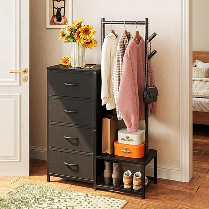 KKL Small Dresser for Bedroom with Clothes Hanging Rack, Reversible Bedroom Dresser with Shoe Rack & 4 Fabric Drawers, 3-in-1 Storage Chest of Drawers with Storage Shelves & Tree Hooks, Black