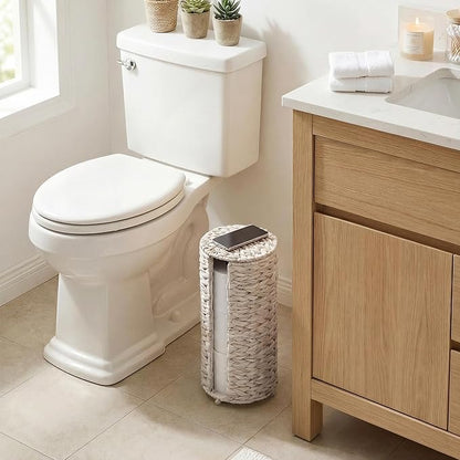StorageWorks Free Standing Wicker Toilet Paper Holder Stand for Bathroom Storage, Decorative Water Hyacinth Toilet Paper Storage with Lid, 3 Rolls of Tissue Holder with a Built-in Cloth Lining, White