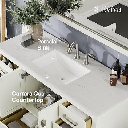 Eviva Aberdeen 54 in. White Single Sink Bath Vanity with Carrara Quartz Top and Undermount Porcelain Sink