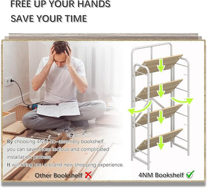 4NM No Assembly Folding Bookshelf, 4 Tiers Collapsible Book Shelves Open Industrial Foldable Storage Bookcase Shelf for Bedroom, Living Room, Home Office - Natural and White