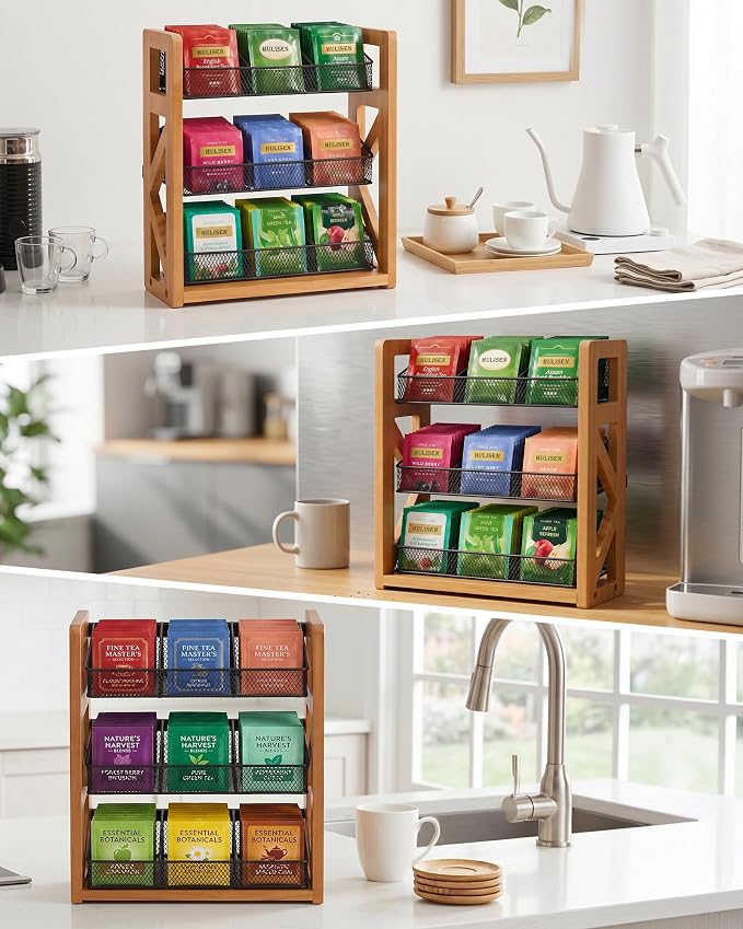 HULISEN 3 Tier Tea Bag Organizer for 120 Tea Bags, Tea Bag Holder with Removable Basket, Wood Stand & Metal Teabag Storage Rack for Coffee Bar Counter Kitchen Cabinet Pantry, Countertop or Wall Mount