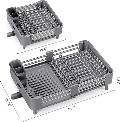 Urackify Stainless Steel Dish Drying Rack - Dish Drainer for Kitchen Counter, Extendable Drainboard with Foldable, Space-Saving Cup & Bowl Organizer, Includes Knife and Utensil Holder, Gray