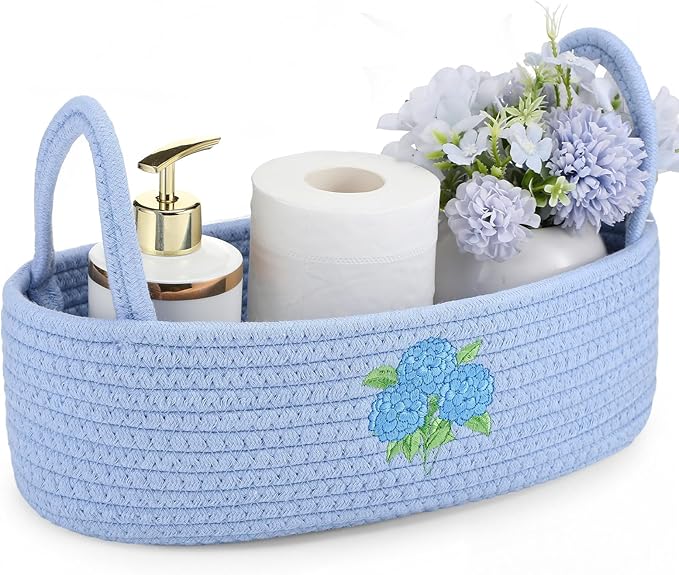 Vesici Hydrangea Toilet Paper Basket Boho Woven Cotton Rope Bathroom Countertop Organizer with Handle Blue Hydrangea Bathroom Storage Decor for Toilet Closet Bedroom Nursery, 13 x 6 x 4 Inch