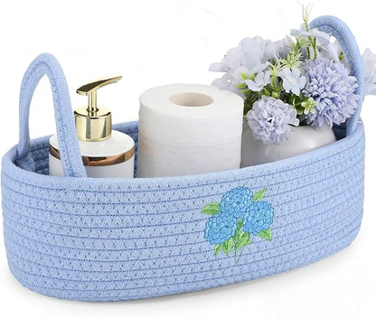 Vesici Hydrangea Toilet Paper Basket Boho Woven Cotton Rope Bathroom Countertop Organizer with Handle Blue Hydrangea Bathroom Storage Decor for Toilet Closet Bedroom Nursery, 13 x 6 x 4 Inch
