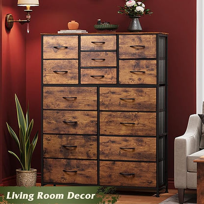 Tall Console Table with 15 Fabric Drawers, Entryway Table with Storage, Tall Storage Organizer with Wood Top, Steel Frame for Living Room, Hallway, Office, Rustic Brown
