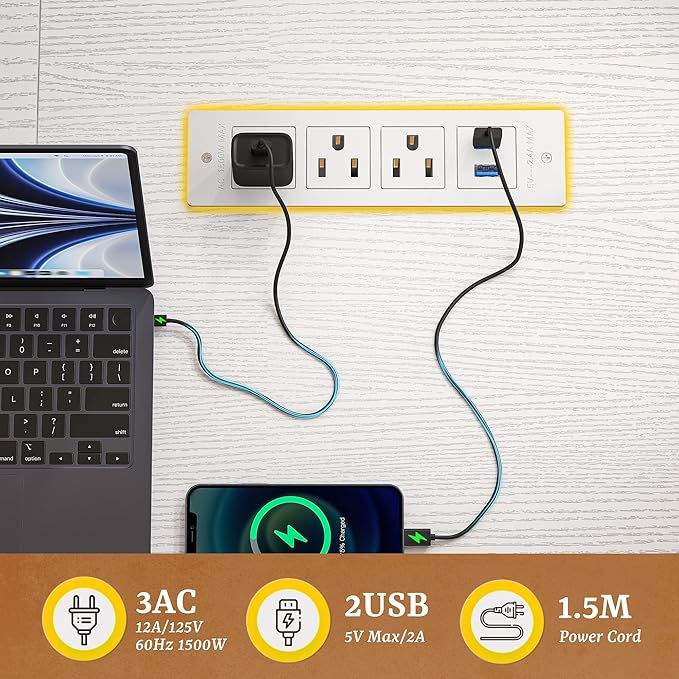 Computer Desk with Power Outlets & 0.95 inch Thicker Desktop, Gaming Desk with Monitor Stand & LED Light & Storage Bag, White Writing Desk for Home Office, Study, Bedroom, White