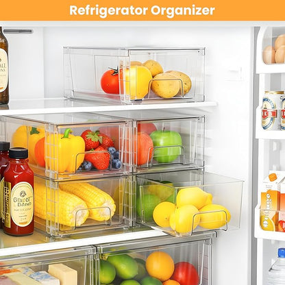 4 Pack Stackable Storage Drawers,Plastic Organizers Bins, Drawers Storage with Handles and Movable Dividers for Organization and Storage in Fridge,Bathroom, Pantry, Kitchen Cabinets, Under Sink