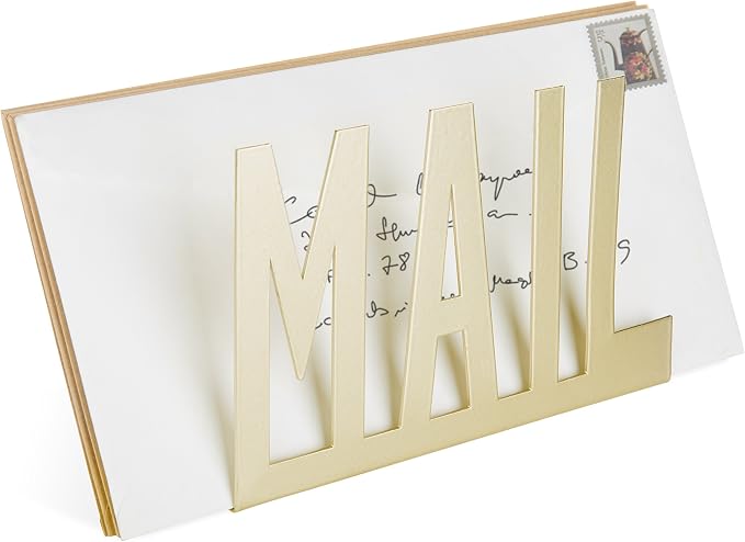 MyGift Mail Holder Organizer Countertop Modern Brass Metal with Cutout MAIL Lettering Design, Office Desktop Envelope and Document Storage Rack