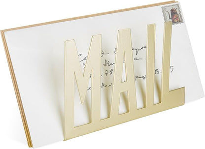 MyGift Mail Holder Organizer Countertop Modern Brass Metal with Cutout MAIL Lettering Design, Office Desktop Envelope and Document Storage Rack