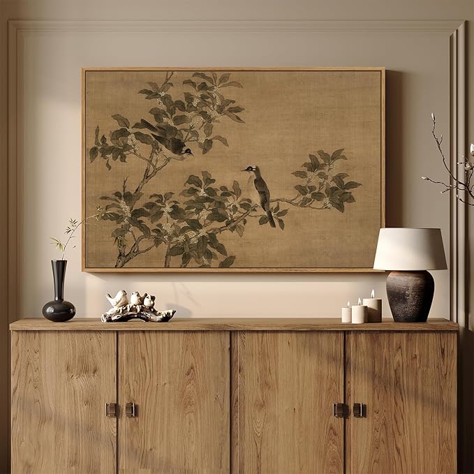 Framed Vintage Botanical Birds on Branch Wall Art, Retro Neutral Still Life Canvas Artwork for Walls, Elegant Rustic Painting Print for Living Room Bedroom Dining Room Office Wall Decor, 36x24 Inch