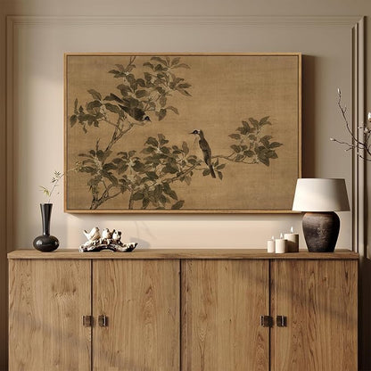 Framed Vintage Botanical Birds on Branch Wall Art, Retro Neutral Still Life Canvas Artwork for Walls, Elegant Rustic Painting Print for Living Room Bedroom Dining Room Office Wall Decor, 36x24 Inch