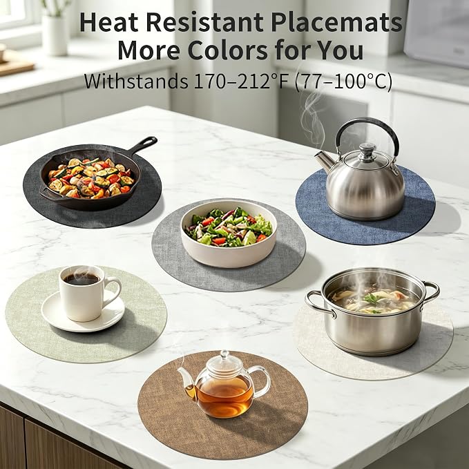 Maxpearl Round Placemats Set of 6, 13.8 inch Faux Leather Heat Resistant Table Mats, Non Slip Waterproof Wipeable Place Mats for Kitchen Dining Holiday Party Table Settings, Beige