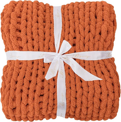 Bigacogo Chunky Knit Throw Blanket for Couch, 40x80 inches, 100% Hand Knitted with Thick Jumbo Chenille Yarn, Cozy Soft Large Rope Knot Cable Crochet Blankets for Sofa Bed Living Room, Terracotta