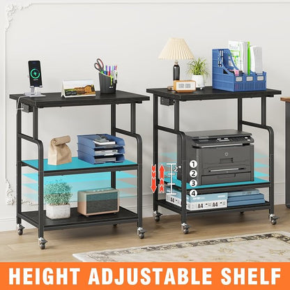 YAOHUOO 3 Tier Large Printer Stand with Power Outlet/Adjustable Shelf | 23.6"x19.6" Large Top,Fit 2-3 printers,Rolling Cart with Wheels,Table for Home Office,Fit 3D Printer/Heat Press/Laser,Black