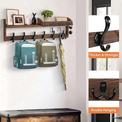Coat Rack Wall Mount with Shelf, 27.5" Entryway Wall Hanging Shelf, Coat and Key Hanger with 10 Dual Hooks, Mail Organizer and Key Holder Hat Rack for Wall, Wood Coat Hooks with Storage