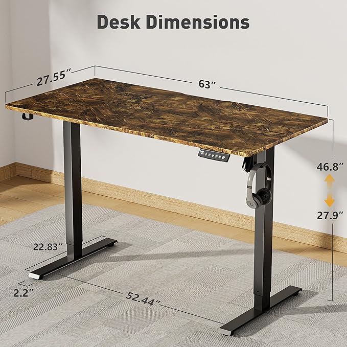 63 x 28 Inch Electric Standing Desk Adjustable Height, Sit Stand Desk, Stand up Desk for Home Office, Computer Workstation (Spliced Desktop,Rustic Brown)