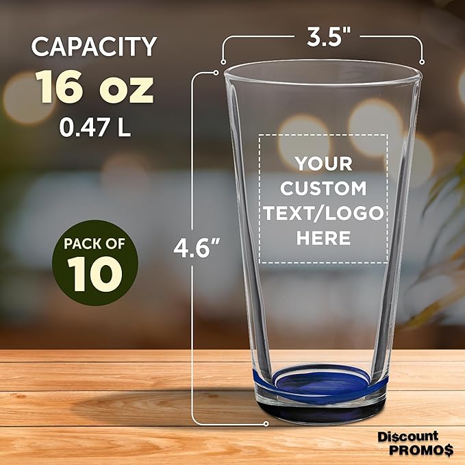 Custom Casale Pint Glass 16 oz. Set of 10, Personalized Bulk Pack - Beer Glasses, Heavy Duty Drinkware - Blue