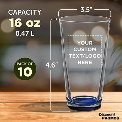 Custom Casale Pint Glass 16 oz. Set of 10, Personalized Bulk Pack - Beer Glasses, Heavy Duty Drinkware - Blue
