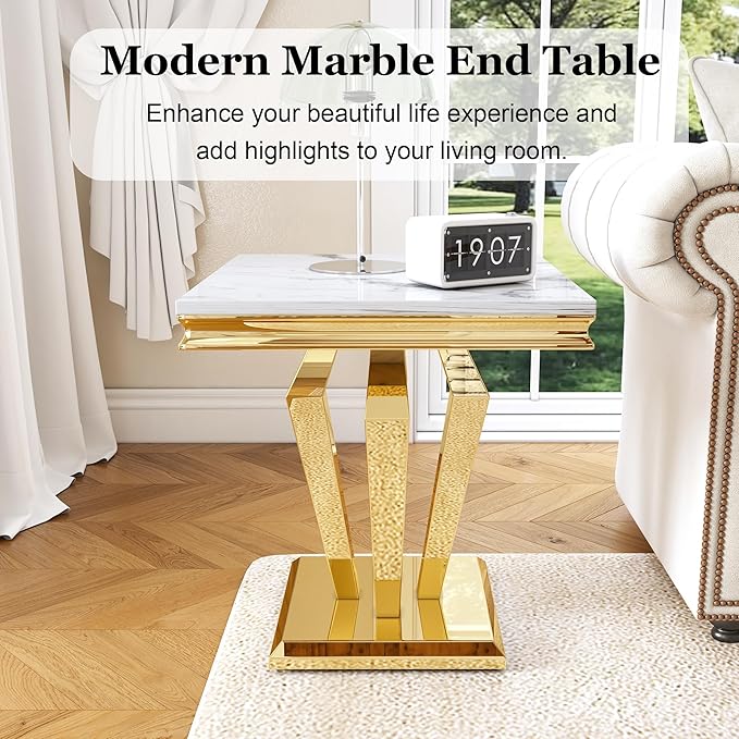 Marble End Table, Modern Square 23” Side Table with Diamond-Shape Stainless Steel Base and Faux Marble Top, Small Sofa Table for Living Room, Bedroom, Lounge (Gold,White)