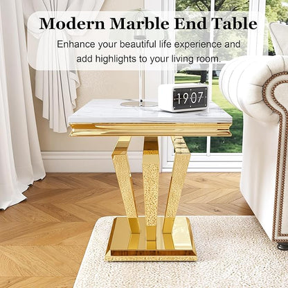 Marble End Table, Modern Square 23” Side Table with Diamond-Shape Stainless Steel Base and Faux Marble Top, Small Sofa Table for Living Room, Bedroom, Lounge (Gold,White)