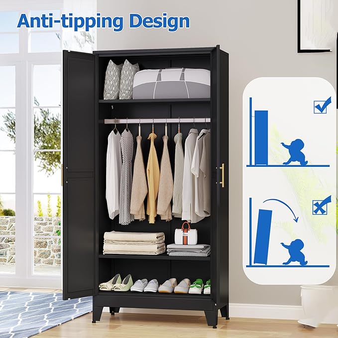 Metal Wardrobe Cabinet with Mirror and Hanging Rod, 71" Metal Clothing Storage Cabinets with 2 Doors and Adjustable Shelves, Black Armoire Wardrobe Closet for Bedroom, Laundry Room, Cloak Room