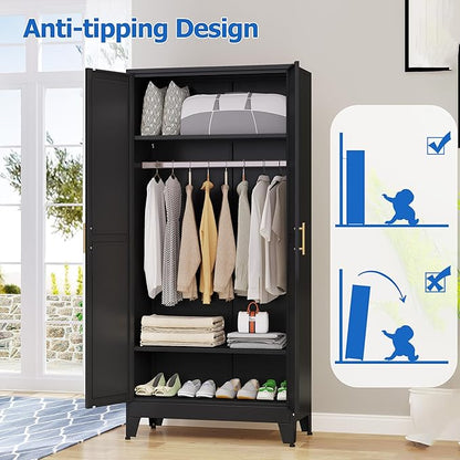 Metal Wardrobe Cabinet with Mirror and Hanging Rod, 71" Metal Clothing Storage Cabinets with 2 Doors and Adjustable Shelves, Black Armoire Wardrobe Closet for Bedroom, Laundry Room, Cloak Room