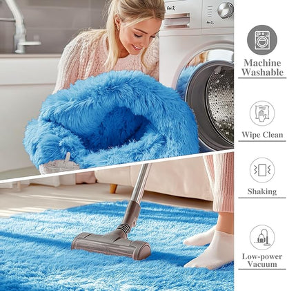 OLANLY 2x8 Machine Washable Runner Rugs for Hallway, Soft Fluffy Shaggy Bedside Rugs for Bedroom, Living Room, Indoor Floor Carpet for Kids Girls and Boys, Home Decor Aesthetic, Bright Blue