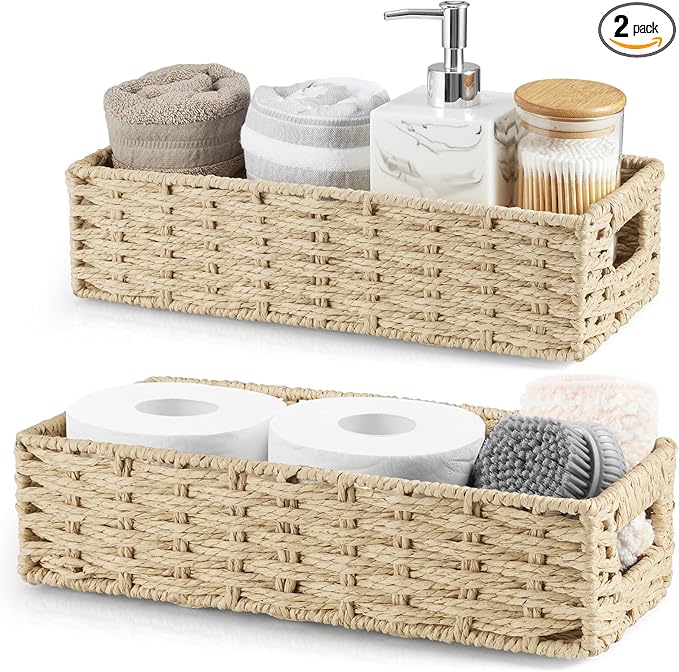 dreamkey Nesting Paper Rope Storage Baskets for Organizing with Handles - Small HandWoven Toilet Paper Basket for Back of Toilet Tank Top - Decorative Storage Baskets, 14 Inch