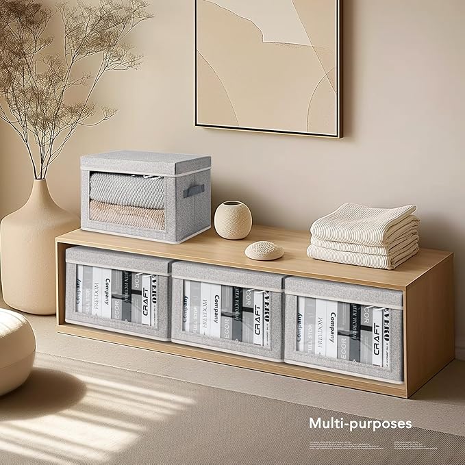 Homsorout Large Storage Baskets Bins with Lids - Stackable Cube Bins for Closet, 3 Pack Windows Organizer Bins, Home Organizers and Storage for Clothes, CD, Towels, Light Grey