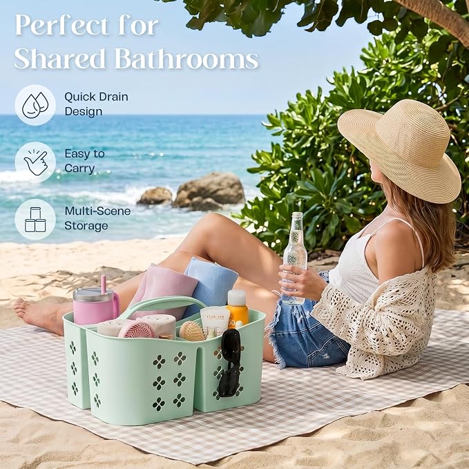 PQH Portable Shower Caddy with Handle, Large Capacity Shower Basket Organizer, Quick-Drain Bathroom Storage Tote, Durable Plastic Shower Organizer for College Dorm, Beach, Gym Essentials, MintGreen
