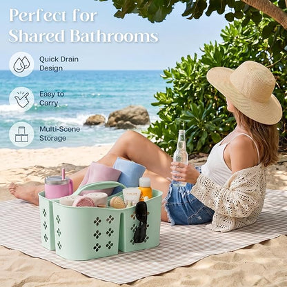PQH Portable Shower Caddy with Handle, Large Capacity Shower Basket Organizer, Quick-Drain Bathroom Storage Tote, Durable Plastic Shower Organizer for College Dorm, Beach, Gym Essentials, MintGreen