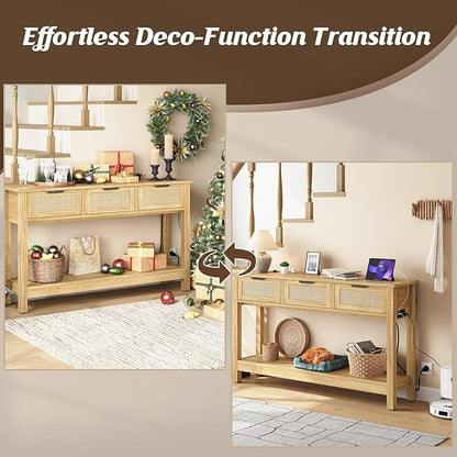 Rattan Entryway Table with 4-Port Charging Station (2 AC Outlets + USB/USB-C), 3 Drawers Storage & Open Shelf, Behind Couch Console Sofa Table for Hallway, Foyer - Natural Weave & Oak, 47 Inch