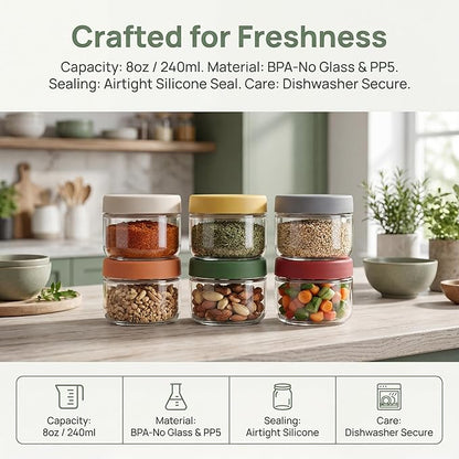 EONJOE 8oz Glass Jars with Lids 1 Cup Small Food Containers for Chia Pudding Jam Snacks Yogurt Overnight Oats Candy,6-Pack