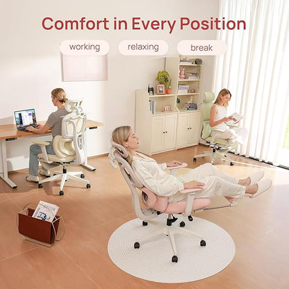 CabLady S1 Petite Ergonomic Office Chair Design with Detachable Pillow Lumbar Cushion, Coat Hanger, 2D Headrest & PU Armrests, Cloud Seat & Footrest Cute Desk Chair for Women Girls