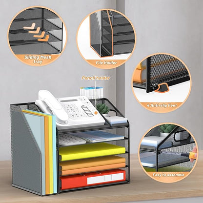 DocNest 5 Tier Paper Letter Tray File Organizer, Mesh Desk File with Handle, Workspace Desk Organizers with Pen Holder, Office Organization Storage Accessories - Black