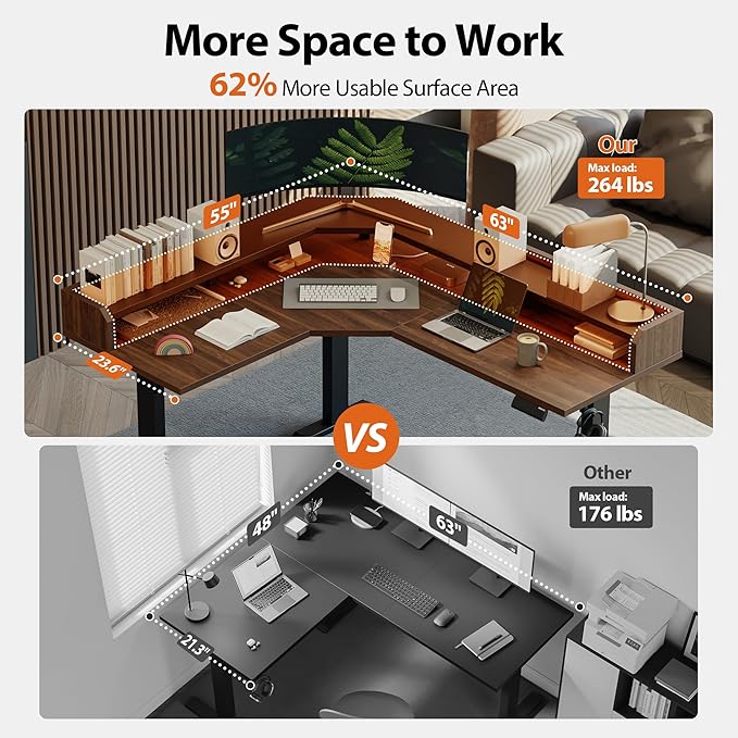 Agilestic L Shaped Standing Desk, Adjustable Height Corner Gaming Desk with Shelf, Sit Stand Up Desk, 63 x 55 Inch Home Office Computer Table, Dark Walnut