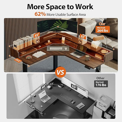 Agilestic L Shaped Standing Desk, Adjustable Height Corner Gaming Desk with Shelf, Sit Stand Up Desk, 63 x 55 Inch Home Office Computer Table, Dark Walnut