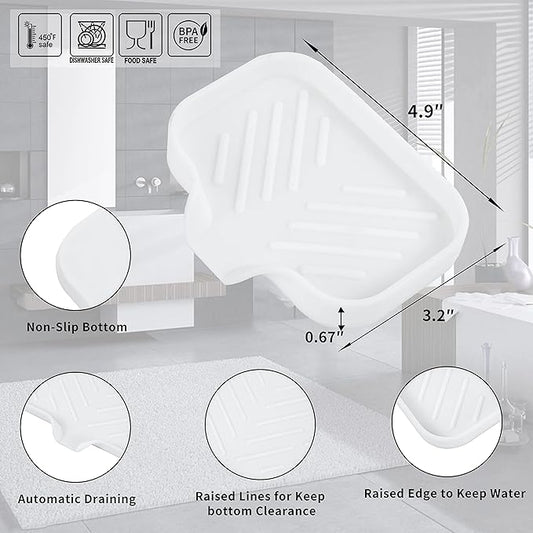 MicoYang Silicone Soap Dish with Drain Spout, Self-Draining Sink Organizer Tray for Bathroom and Kitchen, Sponges, Dispensers and Soap Holder, Non-Slip and Dishwasher Safe, White (Compact, 4.9"×3.2")
