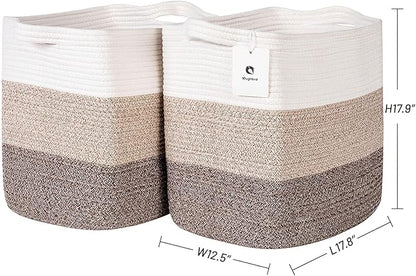 Laughbird Storage Baskets for Clothes Fabric Cotton Rope Storage Basket with Handles, Decorative Woven Basket for Living Room,Closet Organizer Blankets, and 2bags (Gradient Brown, L17.8×W12.5×H17.9)