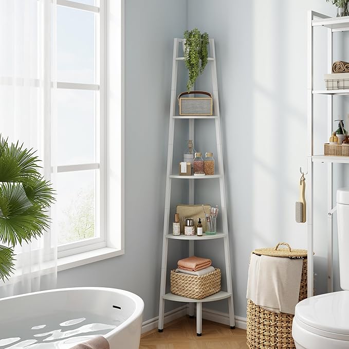Hoctieon Corner Shelf, 5-Tier Corner Bookshelf, Rustic Ladder Shelf, Industrial Display Stand for Living Room, Kitchen, Home Office, Balcony, Small Space, Metal Frame, White