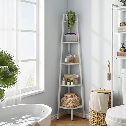 Hoctieon Corner Shelf, 5-Tier Corner Bookshelf, Rustic Ladder Shelf, Industrial Display Stand for Living Room, Kitchen, Home Office, Balcony, Small Space, Metal Frame, White