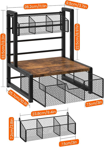 Homode Tea Bag Organizer, 3 Tier Tea Storage Container Box, Wood Tea Station Caddy, Teabag Holder Stand with Drawer Basket, Large Tea Chest Display Rack for Countertop Cabinet Office, Rustic Brown