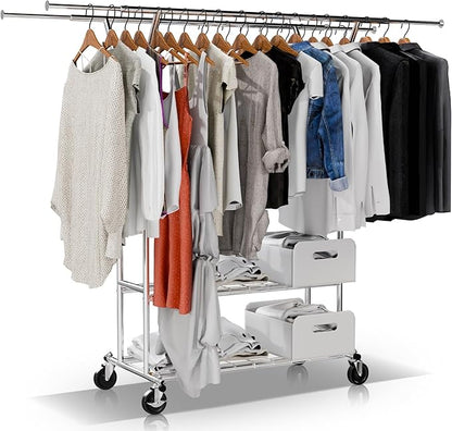 Clothes Rack, Heavy Duty Clothes Rack with Shelves Load 600 LBS, Sturdy Double Rod Clothing Racks for Hanging Clothes, Portable & Adjustable Garment Rack for Bedroom, Living Room