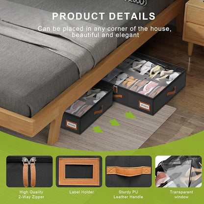 homyfort Shoe Organizer Under Bed, Fits 32 Pairs, Under bed Shoe Storage Boxes with Study Handles and Clear Cover, zapateras organizer for shoes, set of 2